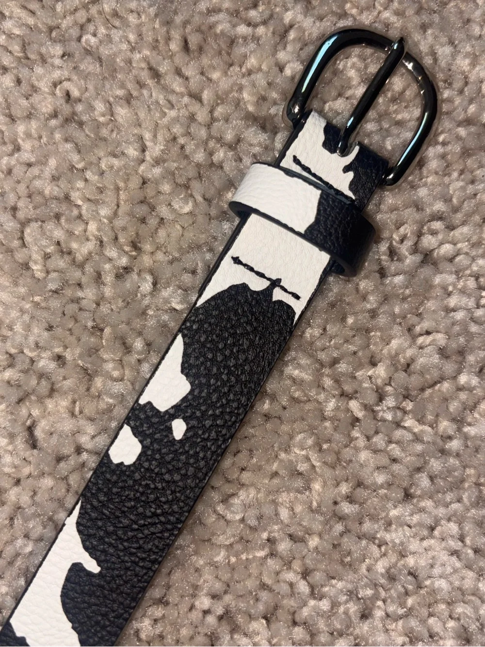 Faux Leather Black White Cow Print Skinny Belt Silver Buckle 34 36